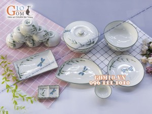 Bộ đồ ăn men kem vẽ Trúc Chuồn 003