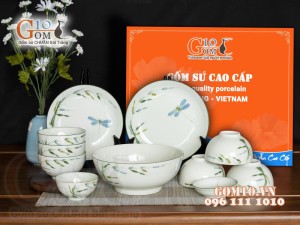 Bộ đồ ăn men kem vẽ Trúc Chuồn, 11 chi tiết