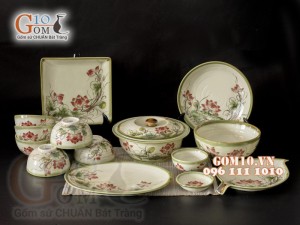 Bộ đồ ăn men vuốt họa tiết vẽ Sen đỏ