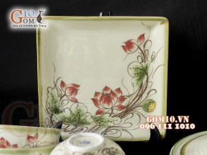 Bộ đồ ăn men vuốt họa tiết vẽ Sen đỏ