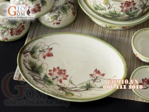 Bộ đồ ăn men vuốt họa tiết vẽ Sen đỏ