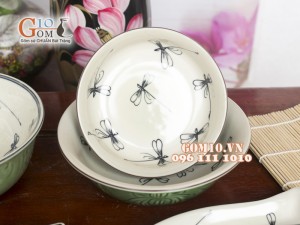 Bộ đồ ăn men xanh vẽ chuồn chuồn