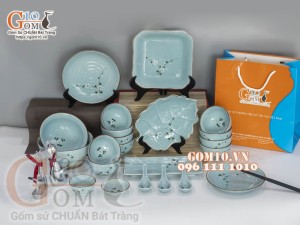 Bộ đồ ăn Ngọc Thanh Dương vẽ hoa đào, 22 chi tiết