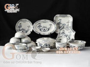 Bộ đồ ăn quà tặng men chàm cổ họa tiết sen đen, in logo