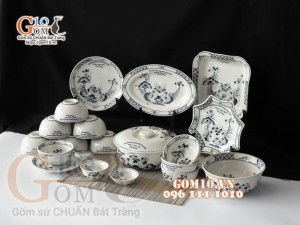 Bộ đồ ăn quà tặng men chàm cổ họa tiết sen đen, in logo