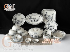 Bộ đồ ăn quà tặng men chàm cổ họa tiết sen đen, in logo