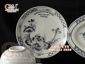 Bộ đồ ăn quà tặng men chàm cổ họa tiết sen đen, in logo