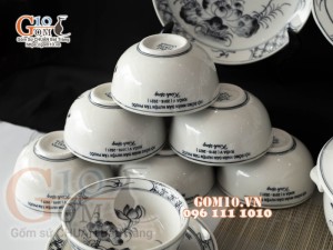 Bộ đồ ăn quà tặng men chàm cổ họa tiết sen đen, in logo