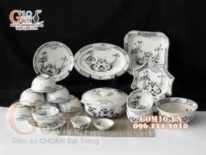 Bộ đồ ăn quà tặng men chàm cổ họa tiết sen đen, in logo