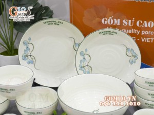 Bộ đồ ăn quà tặng men kem vẽ sen xanh, in logo thương hiệu