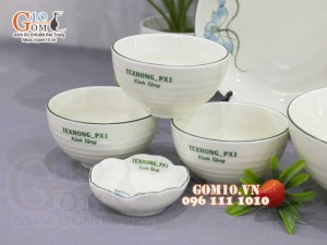 Bộ đồ ăn quà tặng men kem vẽ sen xanh, in logo thương hiệu
