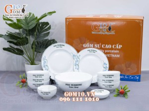 Bộ đồ ăn quà tặng men trắng họa tiết sen xanh, in logo thương hiệu