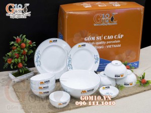 Bộ đồ ăn quà tặng men trắng vẽ sen xanh, in logo