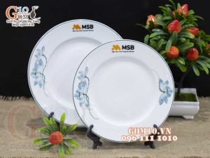 Bộ đồ ăn quà tặng men trắng vẽ sen xanh, in logo