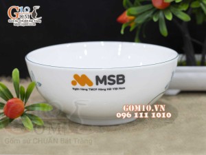 Bộ đồ ăn quà tặng men trắng vẽ sen xanh, in logo