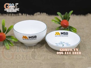 Bộ đồ ăn quà tặng men trắng vẽ sen xanh, in logo