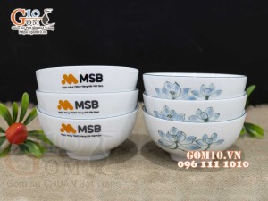 Bộ đồ ăn quà tặng men trắng vẽ sen xanh, in logo