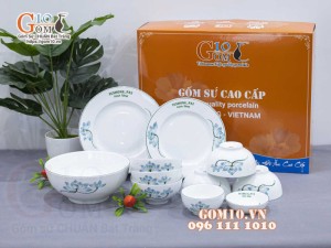 Bộ đồ ăn quà tặng men trắng vẽ sen xanh, in logo thương hiệu