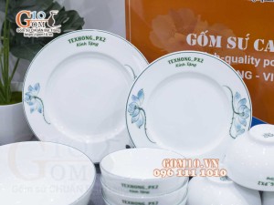 Bộ đồ ăn quà tặng men trắng vẽ sen xanh, in logo thương hiệu