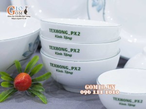 Bộ đồ ăn quà tặng men trắng vẽ sen xanh, in logo thương hiệu