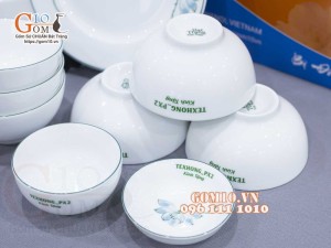 Bộ đồ ăn quà tặng men trắng vẽ sen xanh, in logo thương hiệu