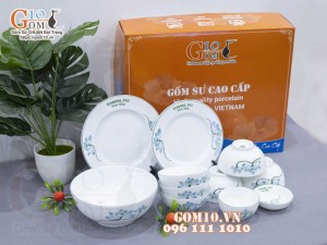 Bộ đồ ăn quà tặng men trắng vẽ sen xanh, in logo thương hiệu
