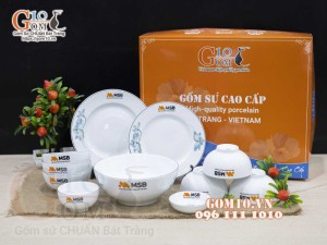 Bộ đồ ăn quà tặng men trắng vẽ sen xanh, in logo