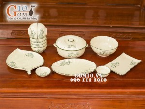 Bộ đồ ăn Sen xanh men kem chỉ xanh