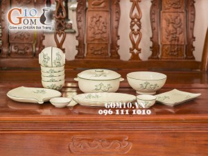 Bộ đồ ăn Sen xanh men kem chỉ xanh