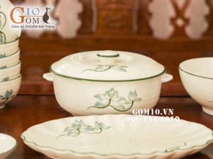 Bộ đồ ăn Sen xanh men kem chỉ xanh