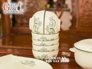 Bộ đồ ăn Sen xanh men kem chỉ xanh