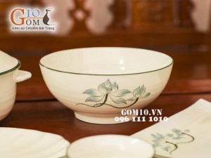 Bộ đồ ăn Sen xanh men kem chỉ xanh