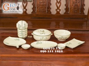 Bộ đồ ăn Sen xanh men kem chỉ xanh