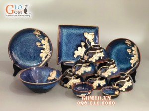 Bộ đồ ăn xanh đá khắc sen S2