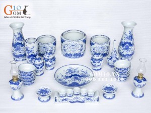 Bộ Đồ thờ Cao cấp men lam, vẽ hoa sen