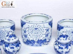 Bộ Đồ thờ Cao cấp men lam, vẽ hoa sen