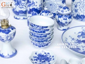 Bộ Đồ thờ Cao cấp men lam, vẽ hoa sen