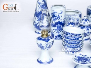 Bộ Đồ thờ Cao cấp men lam, vẽ hoa sen