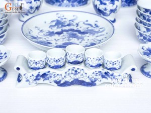 Bộ Đồ thờ Cao cấp men lam, vẽ hoa sen