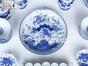 Bộ Đồ thờ Cao cấp men lam, vẽ hoa sen