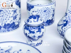 Bộ Đồ thờ Cao cấp men lam, vẽ hoa sen