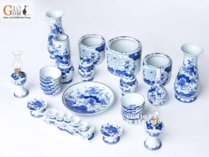 Bộ Đồ thờ Cao cấp men lam, vẽ hoa sen