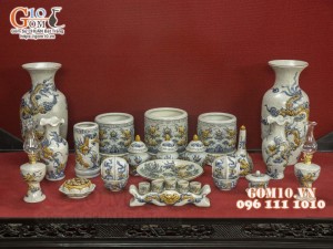 Bộ đồ thờ Như Ý Cát Tường men rạn đắp nổi Rồng cao cấp