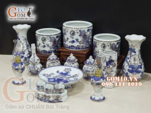 Bộ đồ thờ Phú Quý Tài Lộc men lam cổ vẽ vàng 24k cao cấp