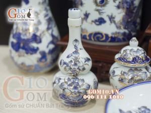 Bộ đồ thờ Phú Quý Tài Lộc men lam cổ vẽ vàng 24k cao cấp