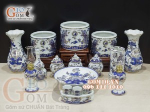 Bộ đồ thờ Phú Quý Tài Lộc men lam cổ vẽ vàng 24k cao cấp