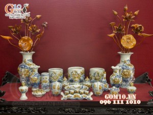 Bộ đồ thờ Như Ý Cát Tường men rạn đắp nổi Sen cao cấp