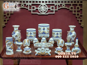 Bộ đồ thờ Gia tiên men rong cổ đắp nổi cao cấp