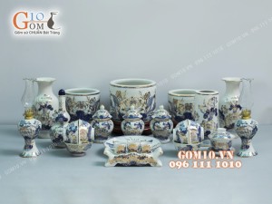 Bộ đồ thờ men lam cổ họa tiết hoa Sen, vẽ vàng 24k cao cấp