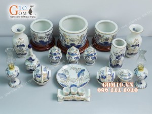 Bộ đồ thờ men lam cổ họa tiết hoa Sen, vẽ vàng 24k cao cấp